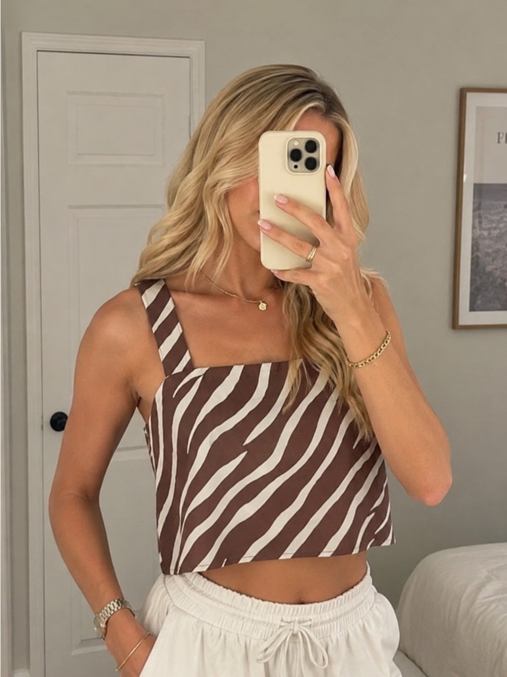 Day + Moon Brown and White Zebra Square Neck Crop Tank Medium Fall Animal Print